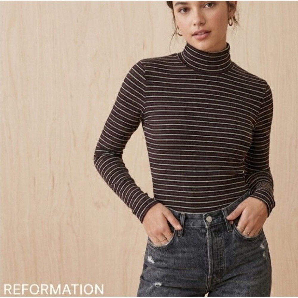 Reformation Size M Ribbed Turtleneck Top Black Red White Stripe Tencel Fitted